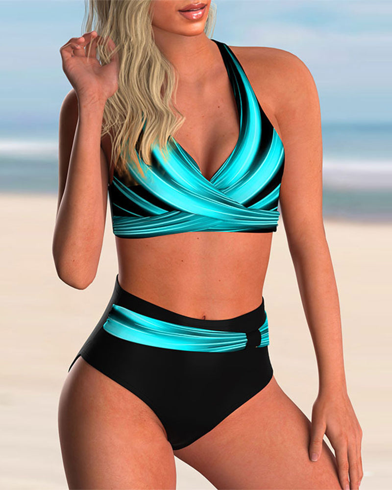 Bikini turquesa con top cruzado y talle alto para mujer
