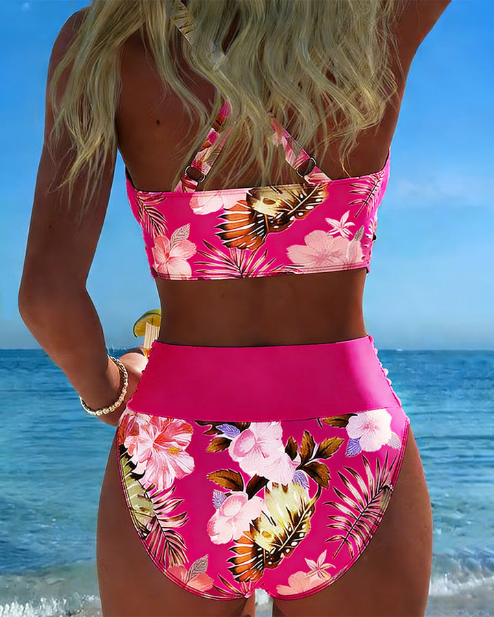 Bikini floral con abertura en el top para mujer