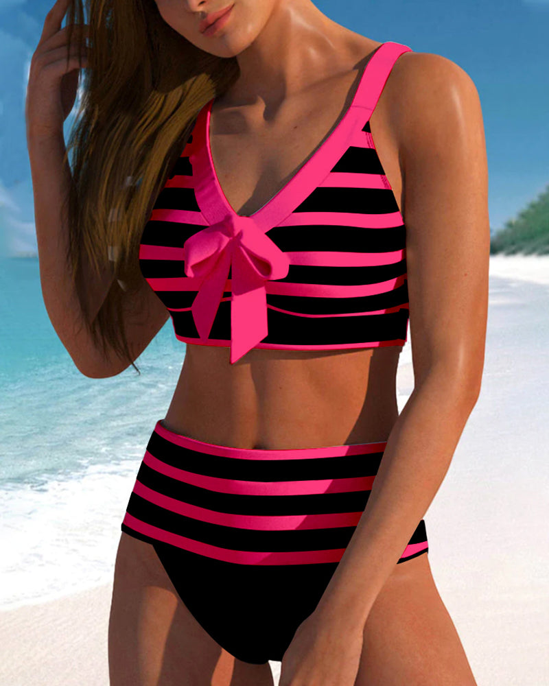 Bikini de rayas con nudo y talle alto para mujer