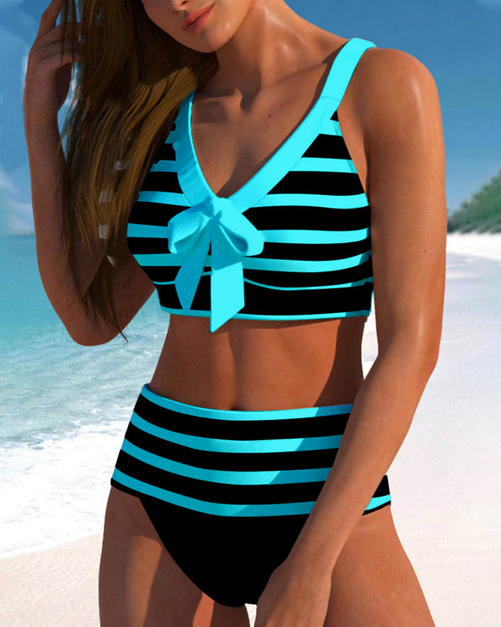 Bikini de rayas con nudo y talle alto para mujer