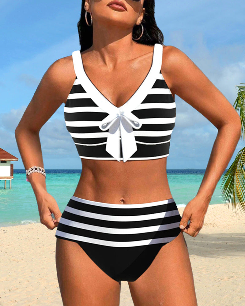 Bikini de rayas con nudo y talle alto para mujer