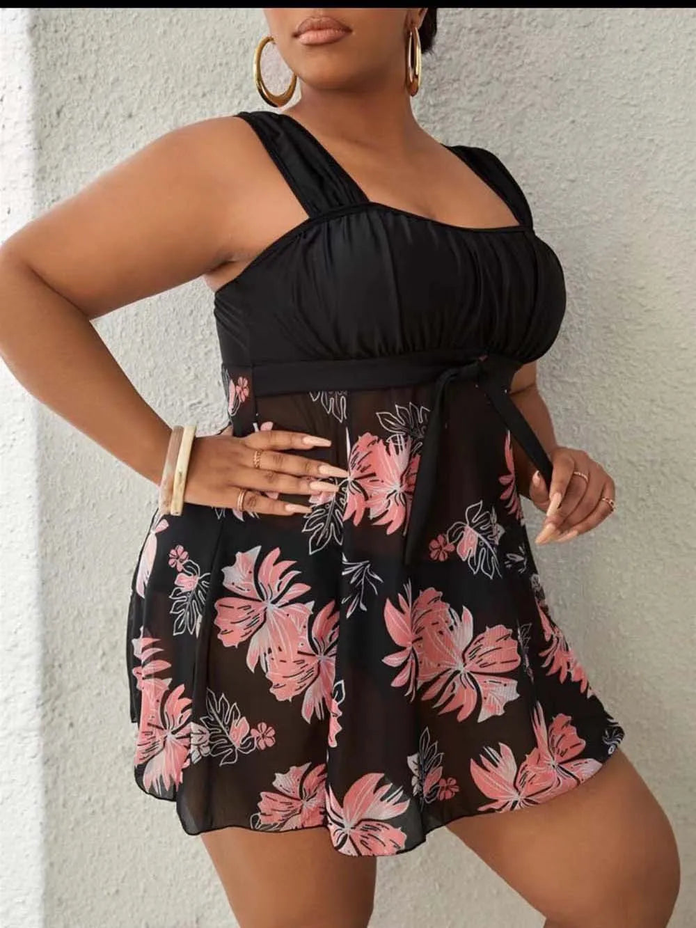 Vestido de baño con falda fruncida y estampado para mujer