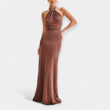 Vestido de Noche Maxi Halter Drapado con Espalda Abierta