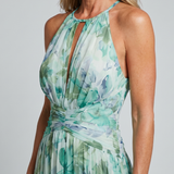Adriana | Vestido Midi de Patrón Floral con Pliegues y Cuello Halter