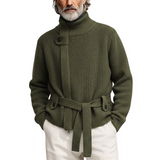 Cárdigan de punto clásico informal para hombre con cremallera, cuello alto y cinturón