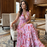Teresa | Vestido Maxi Floral con Escote Halter y Cuerpo Fruncido