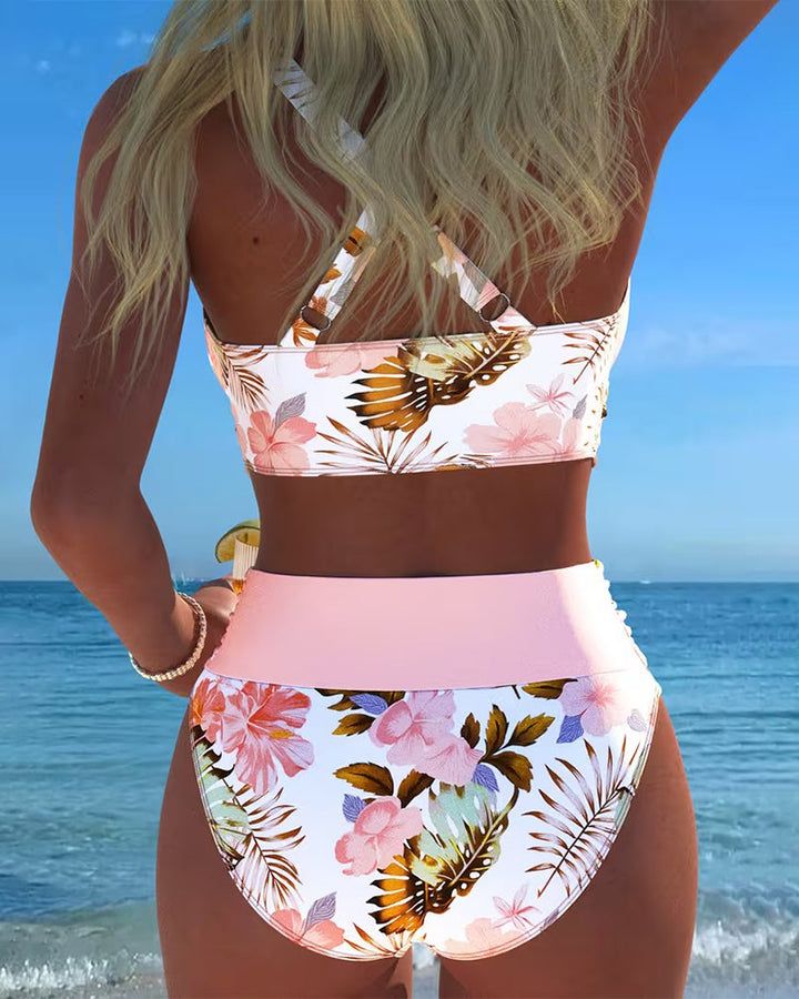 Bikini floral con abertura en el top para mujer