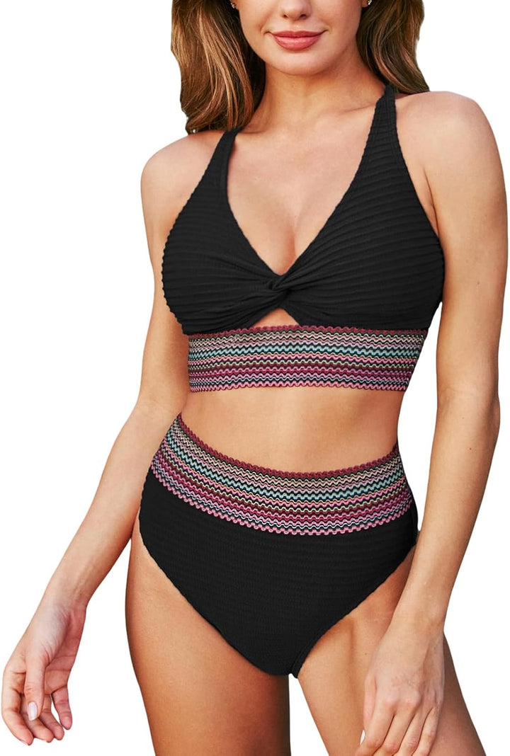 Bikini de talle alto con banda de color y escote en V para mujer