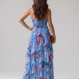 Teresa | Vestido Maxi Floral con Escote Halter y Cuerpo Fruncido