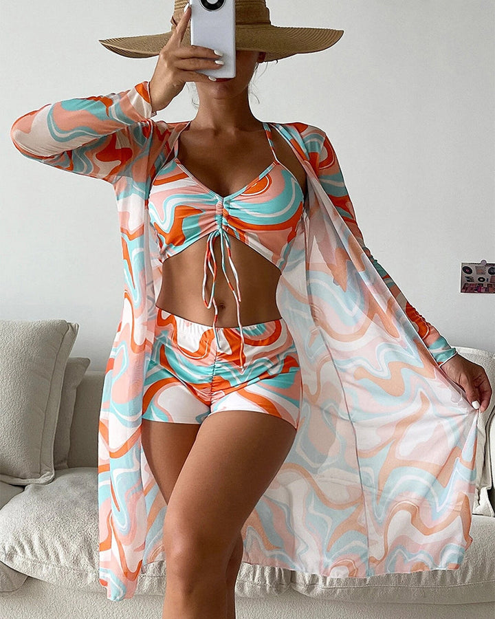 Conjunto de bikini de tres piezas con estampado tropical y pareo para mujer