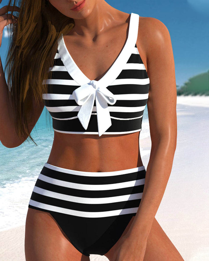 Bikini de rayas con nudo y talle alto para mujer