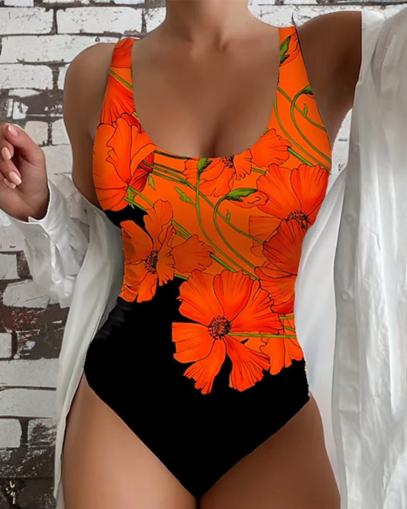 Bañador de una pieza naranja con volantes y escote en V para mujer
