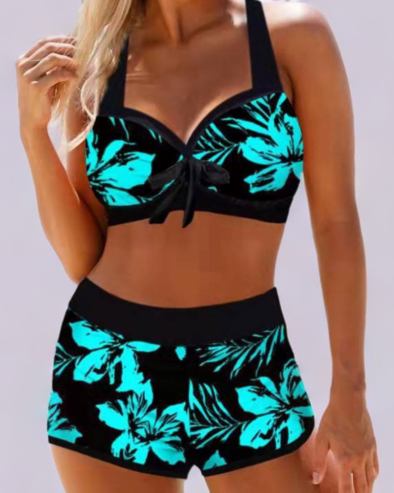 Bikini turquesa con estampado floral y talle alto para mujer
