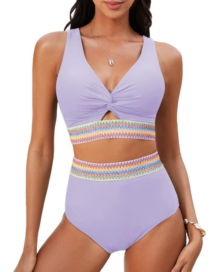 Bikini de talle alto con banda de color y escote en V para mujer