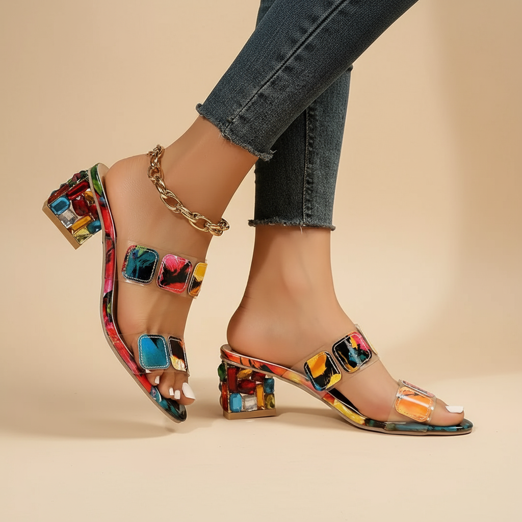 Sandalia de tacón con piedras de colores para mujer