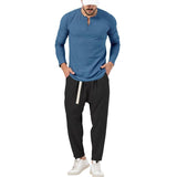 Conjunto informal de camiseta Henley de manga larga y pantalón para hombre.